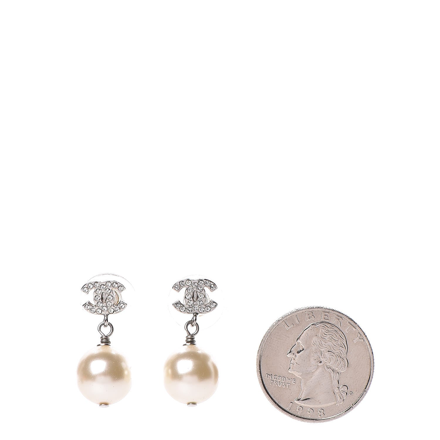 Chanel Crystal Pearl CC Drop Earrings Silver Pearly White 2 of 5