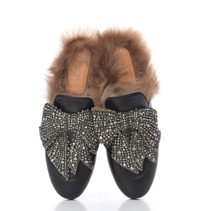 Gucci Malaga Kid Fur Crystal Bow Embroidered Womens Princetown Slippers 39.5 Black 5 of 10