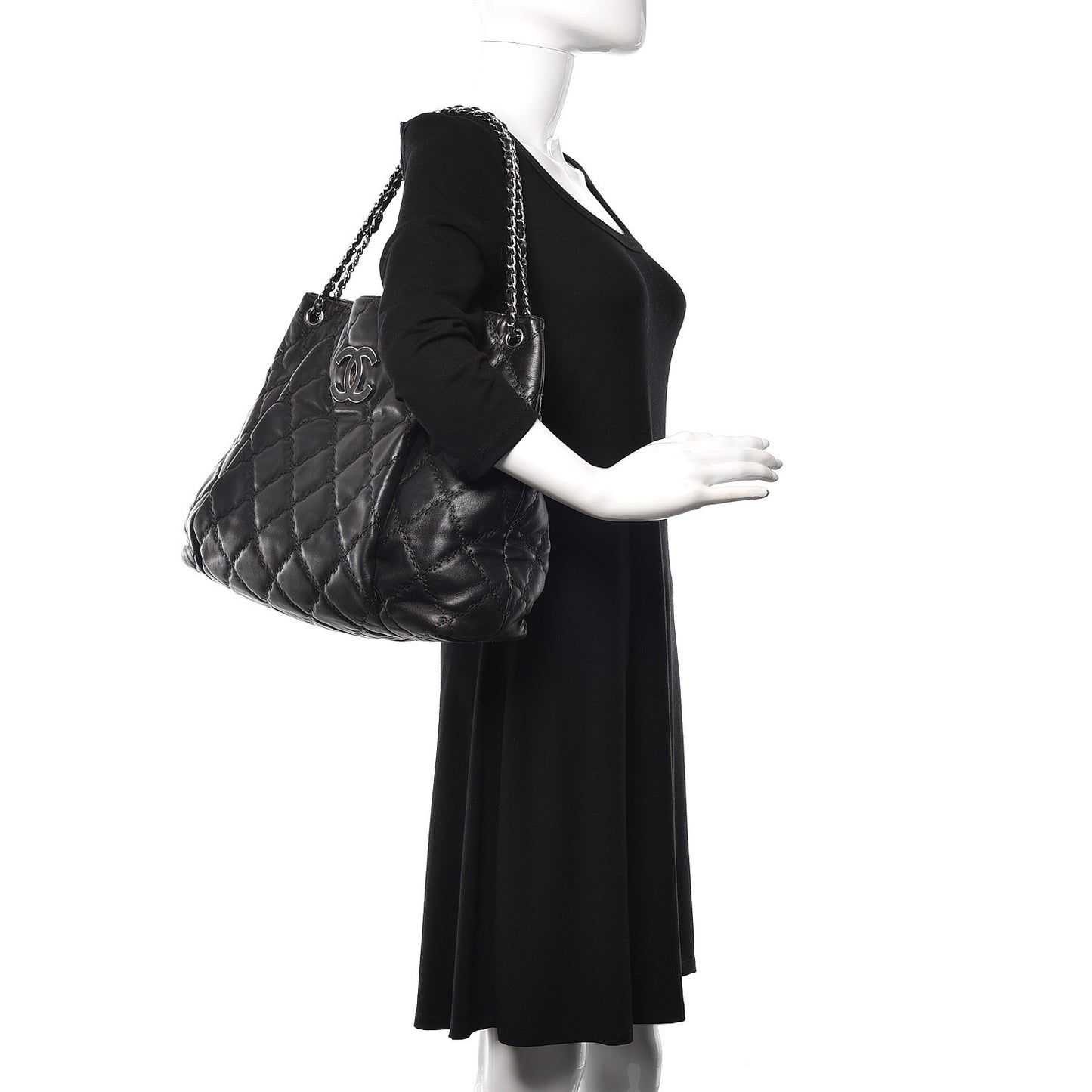 Calfskin Double Stitch Large Hamptons Shopping Tote Black