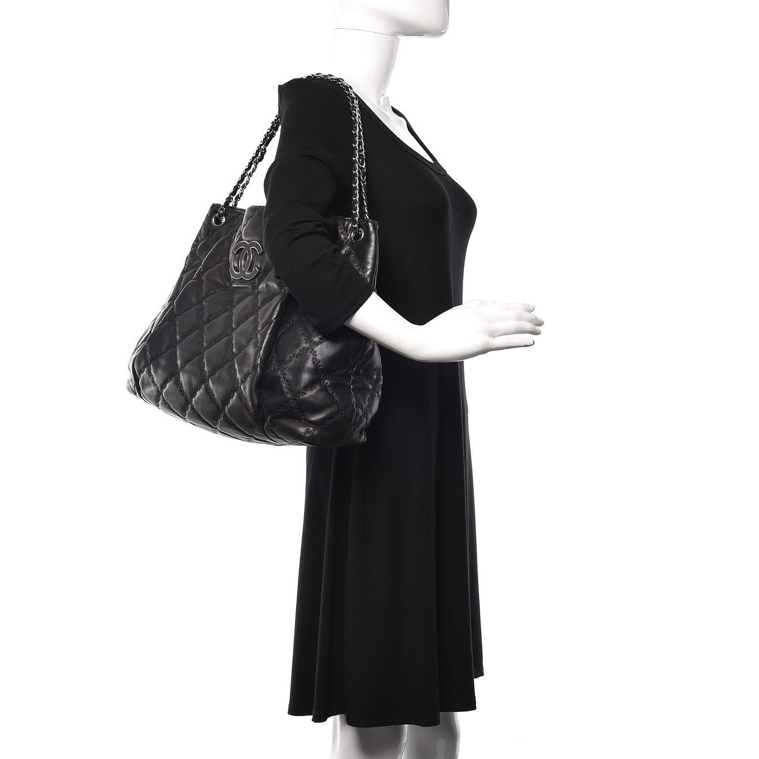 Chanel Calfskin Double Stitch Large Hamptons Shopping Tote Black 2 of 14