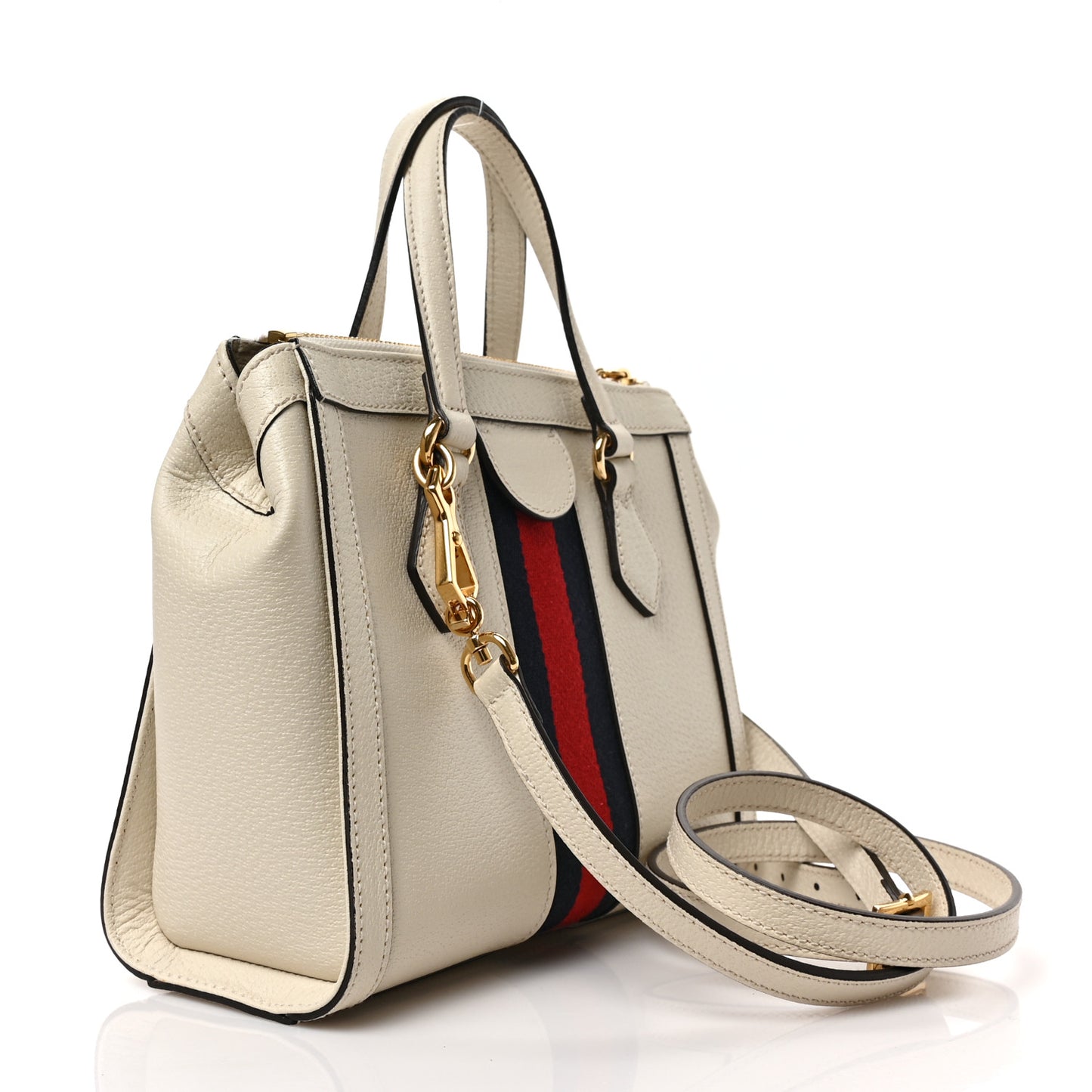 Textured Calfskin Web Small Ophidia Tote Bag Mystic White