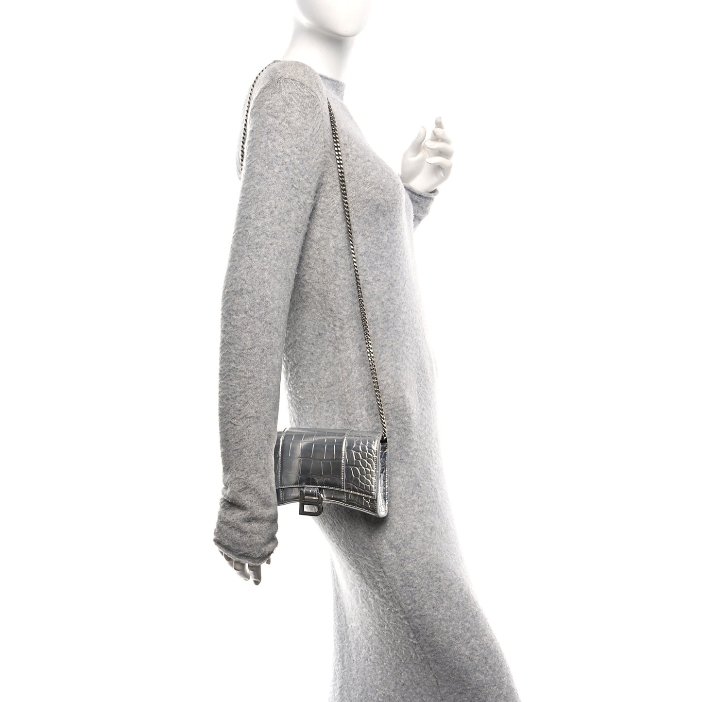 Metallic Calfskin Crocodile Embossed Hourglass Chain Bag Silver