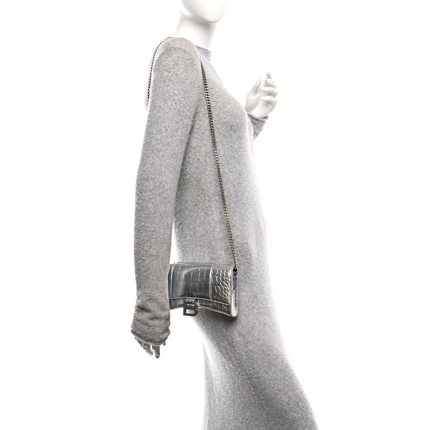 Balenciaga Metallic Calfskin Crocodile Embossed Hourglass Chain Bag Silver 2 of 9