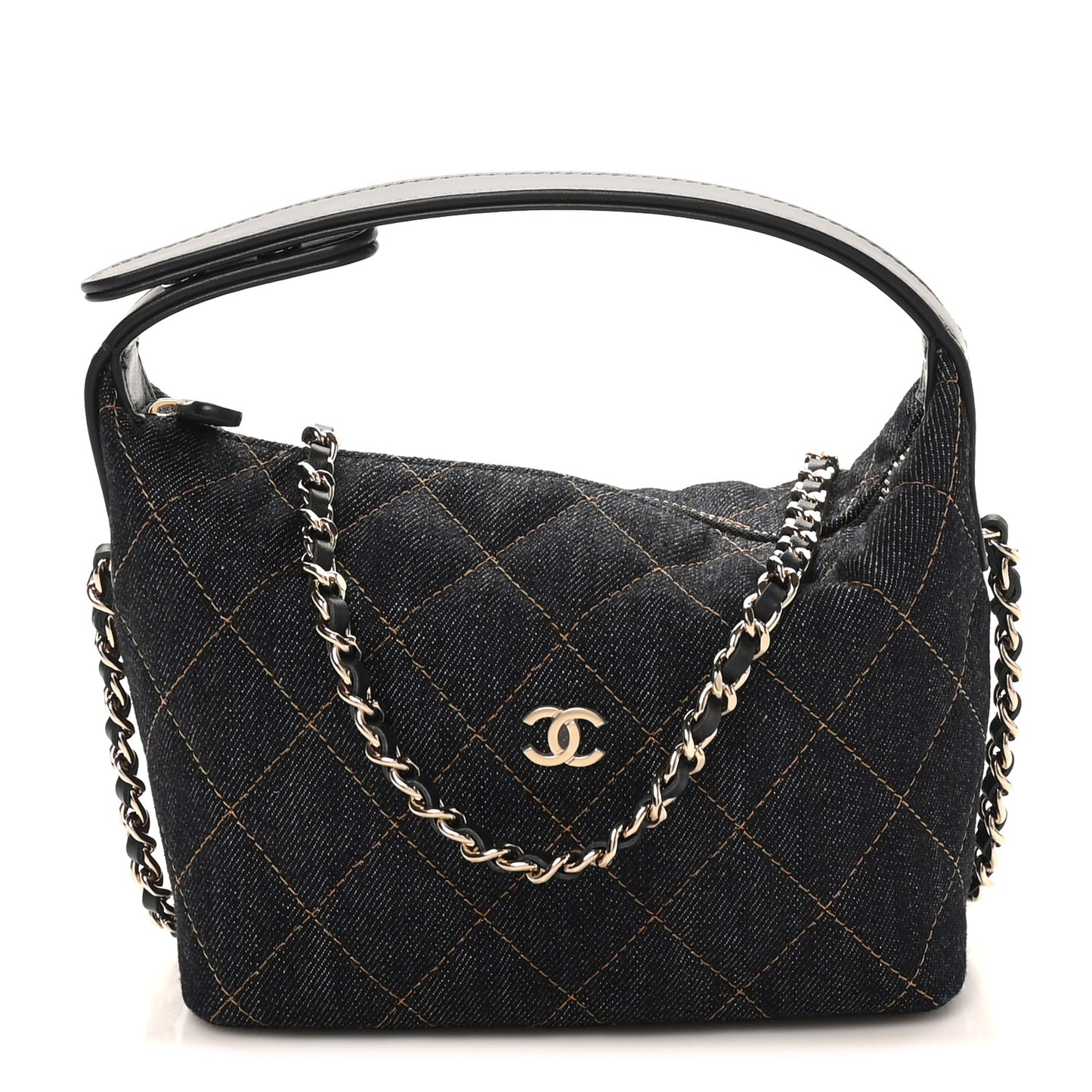 Denim Quilted Hobo Clutch With Chain Dark Blue Orange
