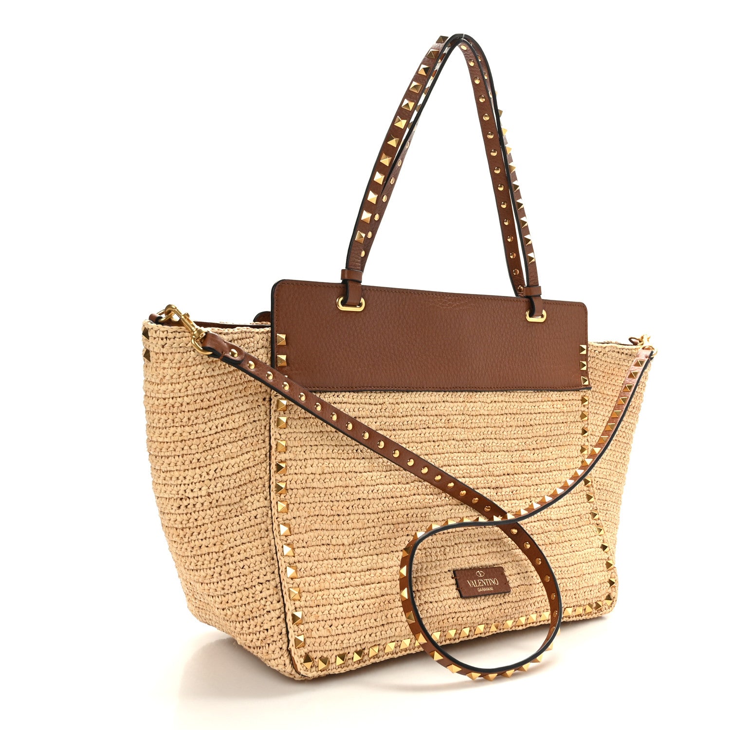 Valentino Garavani Raffia Calfskin Rockstud Tote Naturale Saddle Brown 3 of 8
