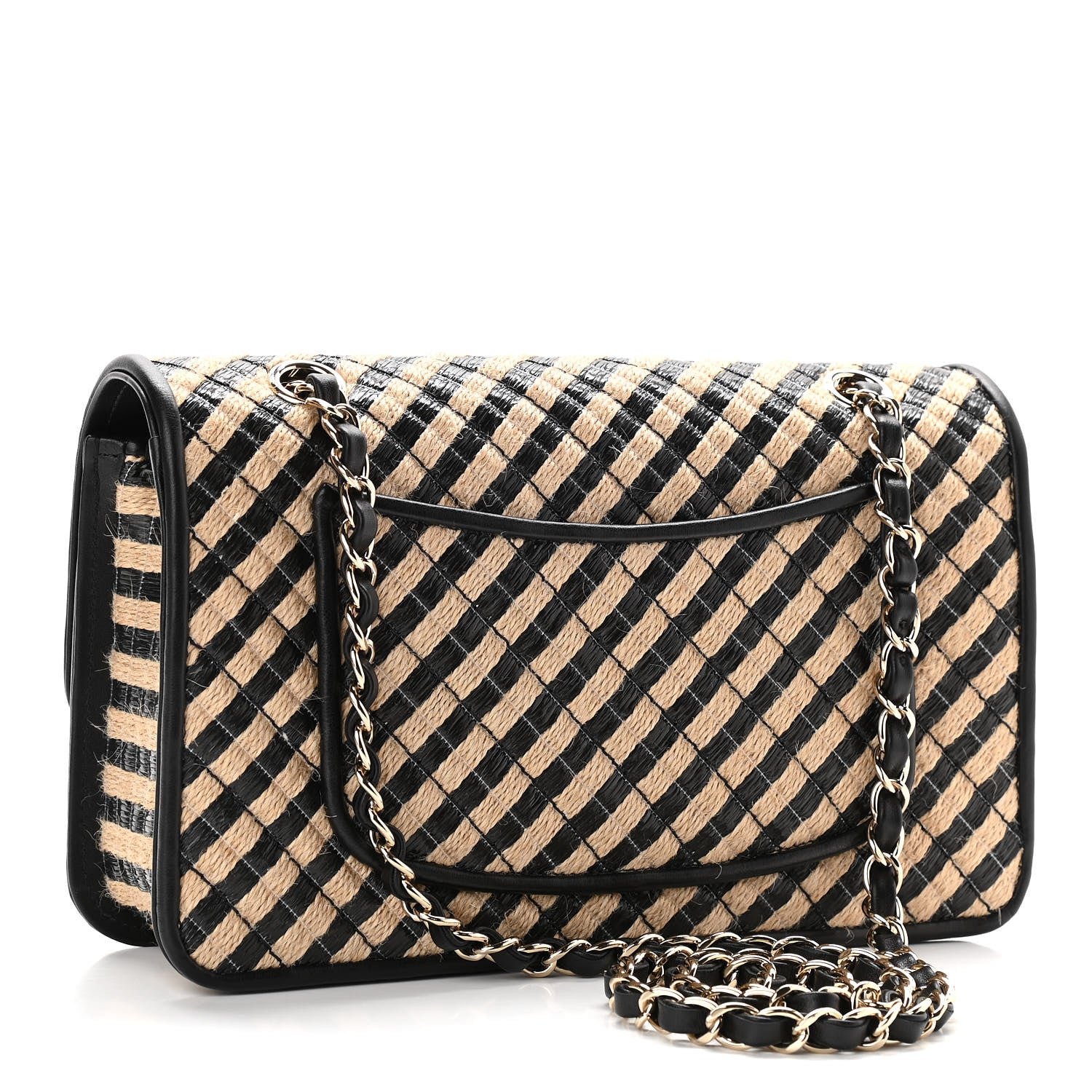 Chanel Raffia Jute Striped Medium Single Flap Black Beige 3 of 12