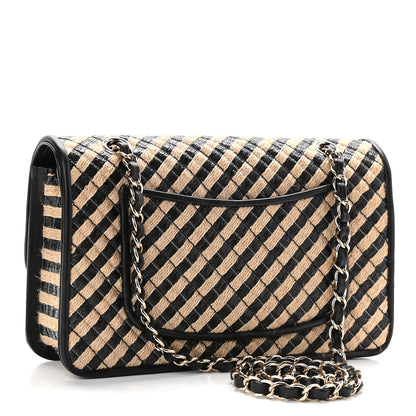 Chanel Raffia Jute Striped Medium Single Flap Black Beige 3 of 12