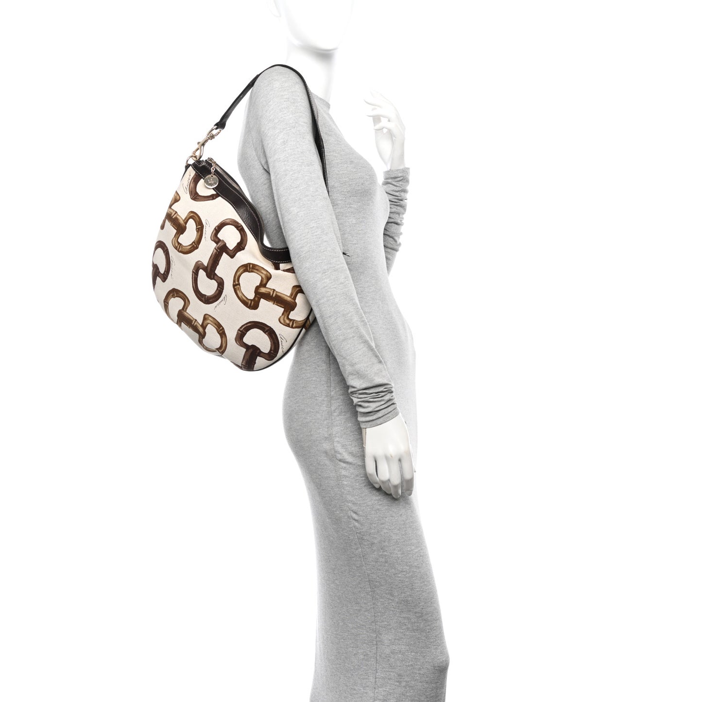 Canvas Bamboo Horsebit Print Hobo White