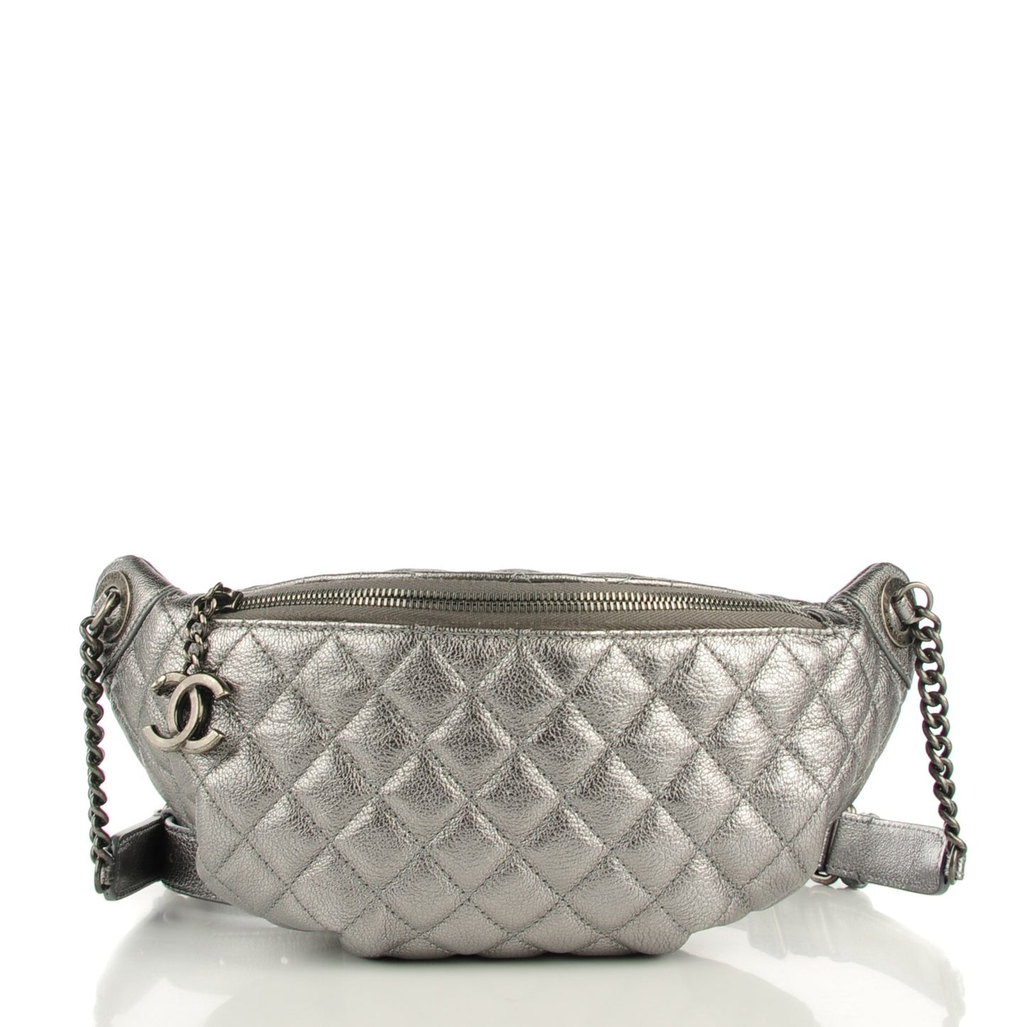 Goatskin Quilted Banane Waist Bag Fanny Pack Silver