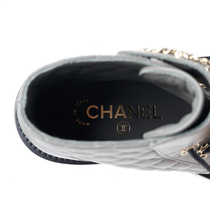 Chanel Shiny Lambskin Quilted Lace Up Combat Boots 35 Grey Black 8 of 10