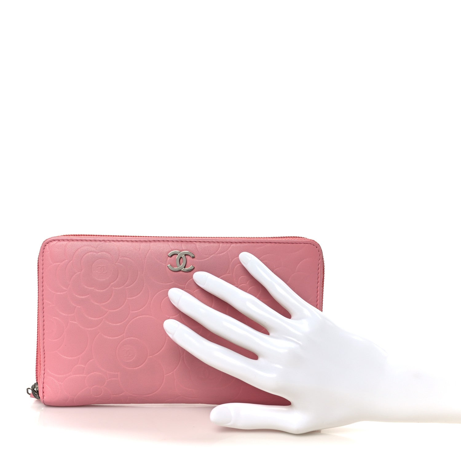 Chanel Lambskin Camellia Embossed Zip Around Organizer Wallet Pink 2 of 11