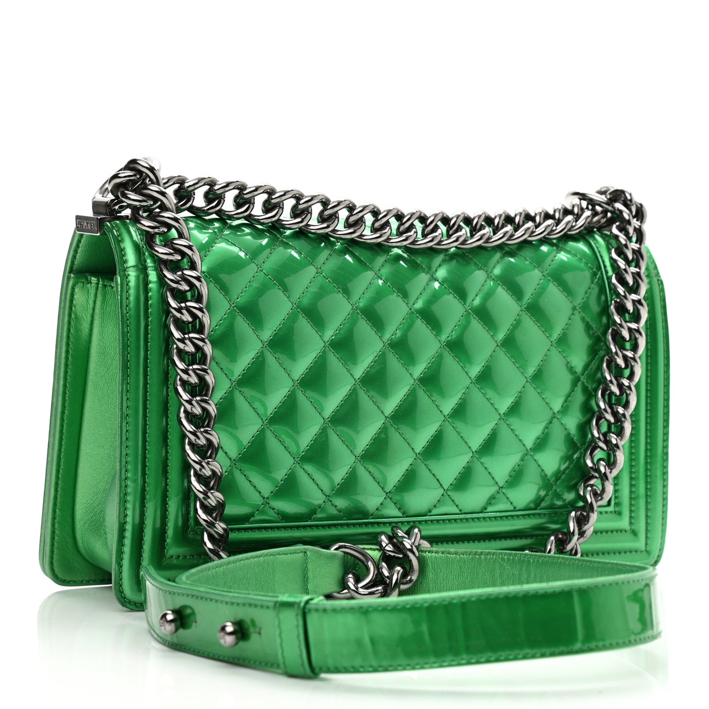 Metallic Patent Calfskin Quilted Medium Boy Flap Green