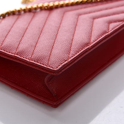 Saint Laurent Grain De Poudre Matelasse Chevron Monogram Envelope Chain Wallet New Red 12 of 13