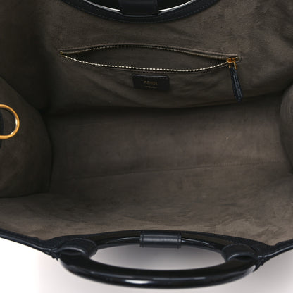 Fendi Glazed Fabric Vitello Century Plexiglass FF 1974 Stamp Patch Medium Runaway Shopper Tote Mogano Panna Black 5 of 14