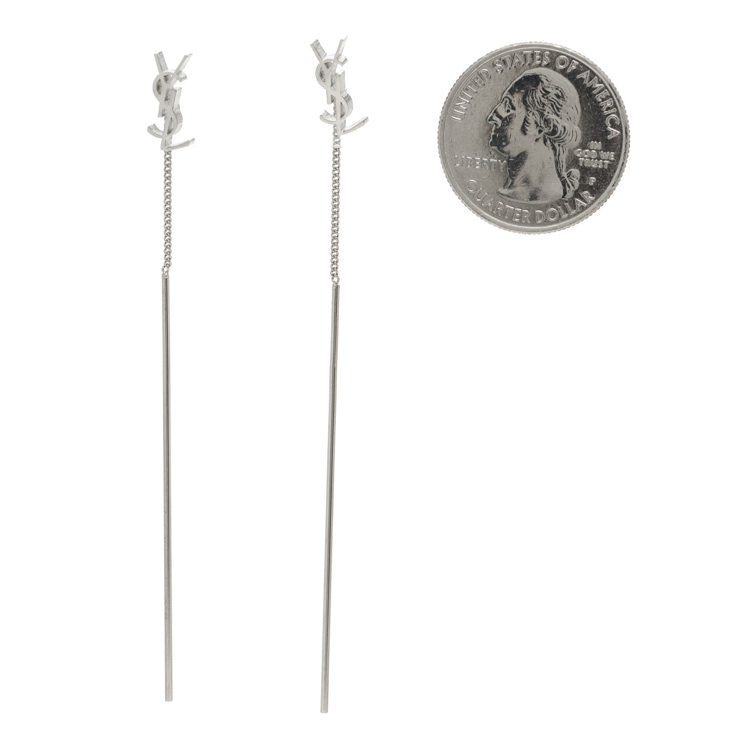 Saint Laurent Metal Monogram Pendant Threader Earrings Silver 2 of 3