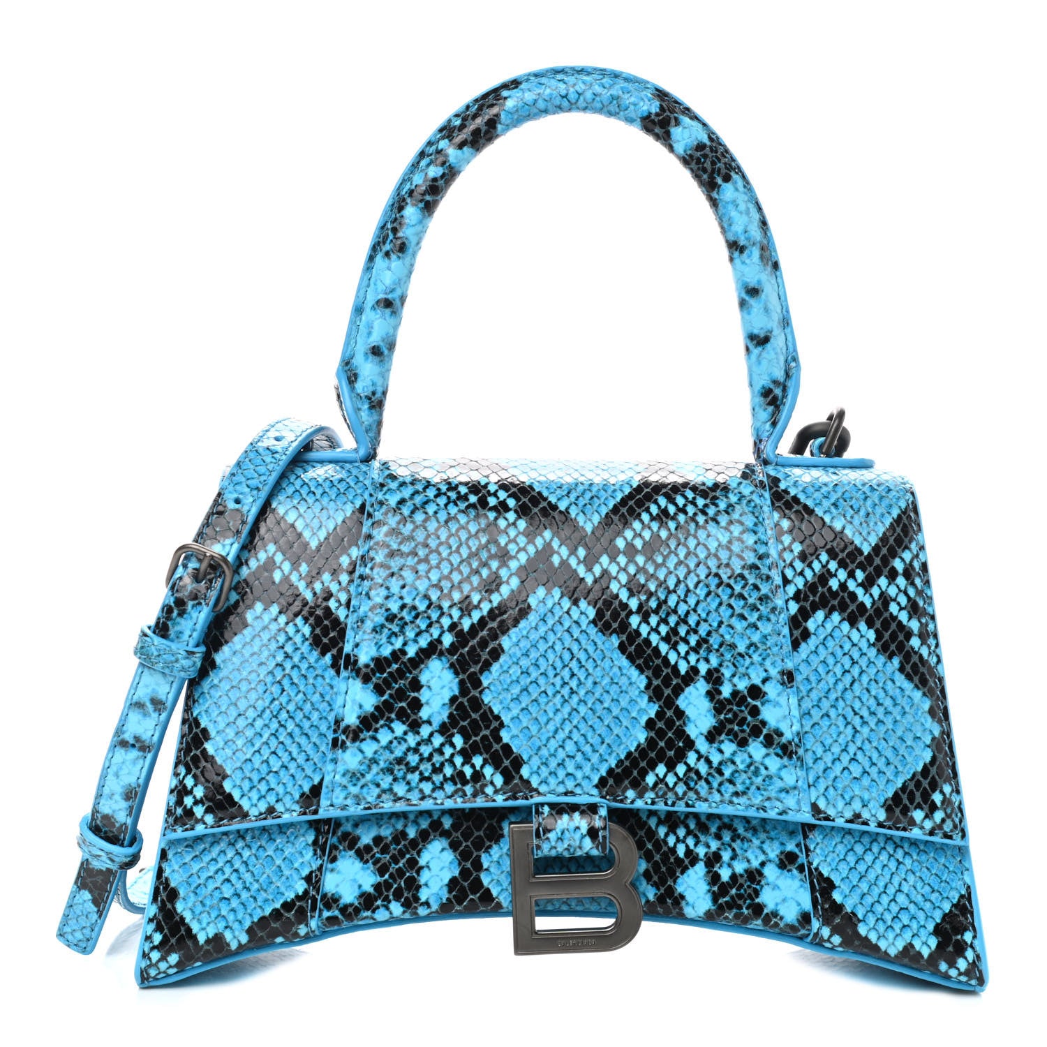 Balenciaga Shiny Calfskin Python Effect Small Hourglass Top Handle Bag Azur Black 1 of 9
