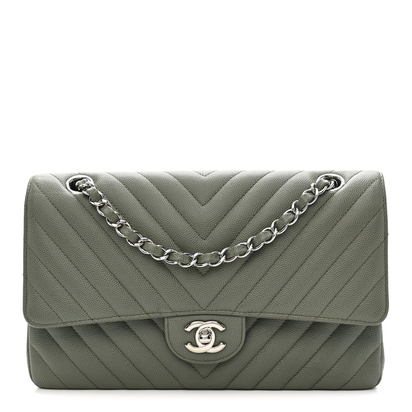 Caviar Chevron Quilted Medium Double Flap  Green