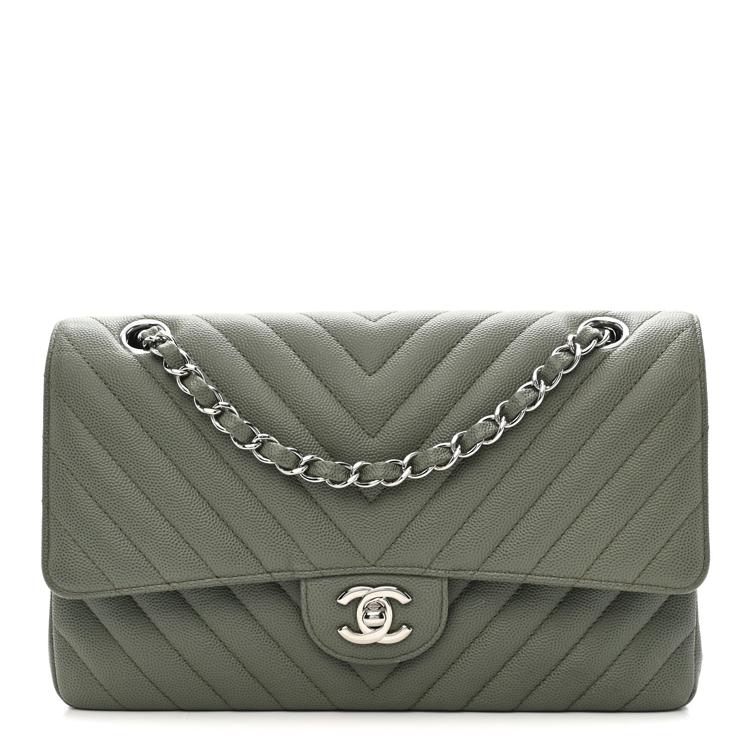 Chanel Caviar Chevron Quilted Medium Double Flap  Green 1 of 10