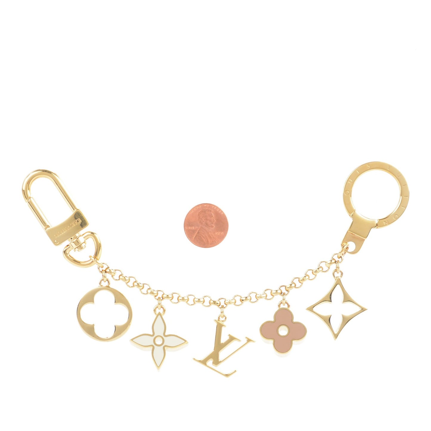 Brass Enamel Fleur De Monogram Bag Charm Chain Gold