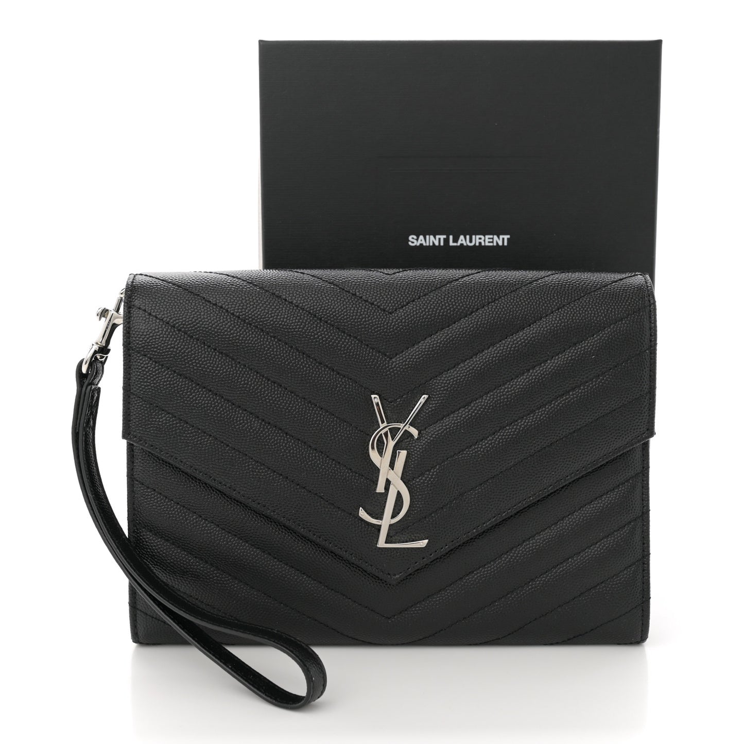 Grain De Poudre Matelasse Chevron Monogram Envelope Clutch Black