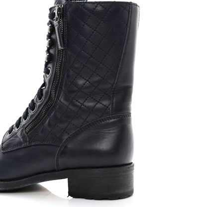 Chanel Sheepskin Quilted CC Tall Lace Up Combat Boots 40 Navy 11 of 11