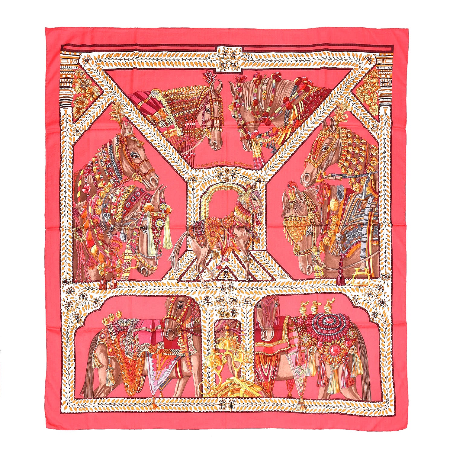 Hermes Cashmere Silk La Danse Du Cheval Shawl 140 Rose Vif Orange Fuchsia 1 of 4