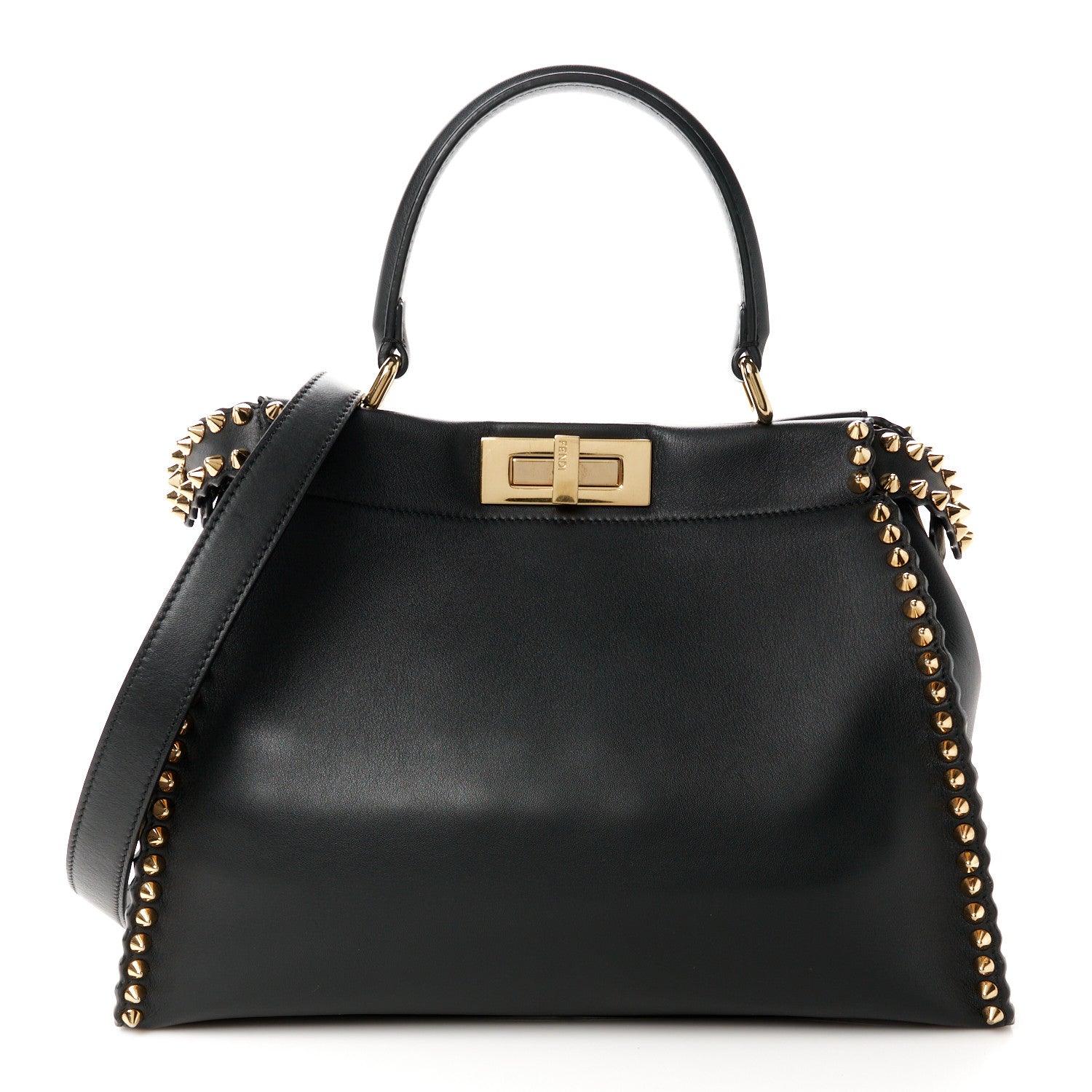 Fendi Vitello Seta Shiny Nappa Scalloped Studded Medium Peekaboo Iconic Satchel Black 1 of 13