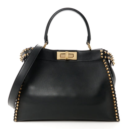 Fendi Vitello Seta Shiny Nappa Scalloped Studded Medium Peekaboo Iconic Satchel Black 1 of 13