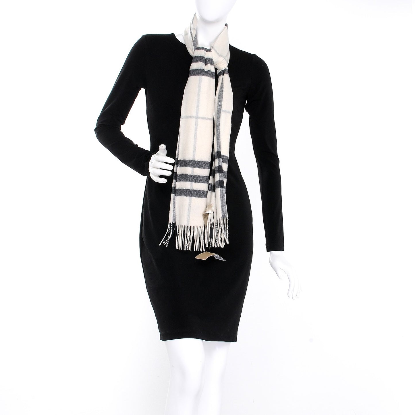 Cashmere Giant Check Fringe Scarf Natural White