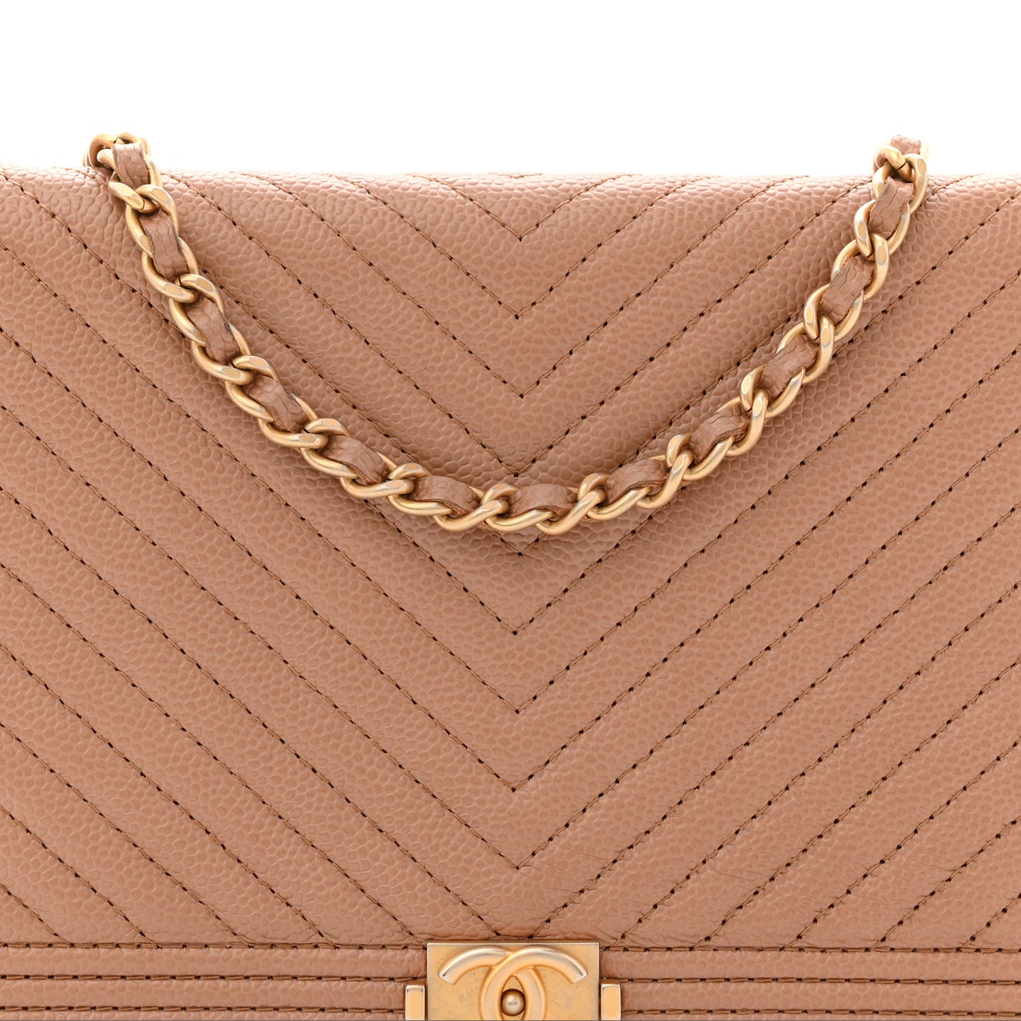 Caviar Chevron Quilted Boy Wallet On Chain WOC Dark Beige
