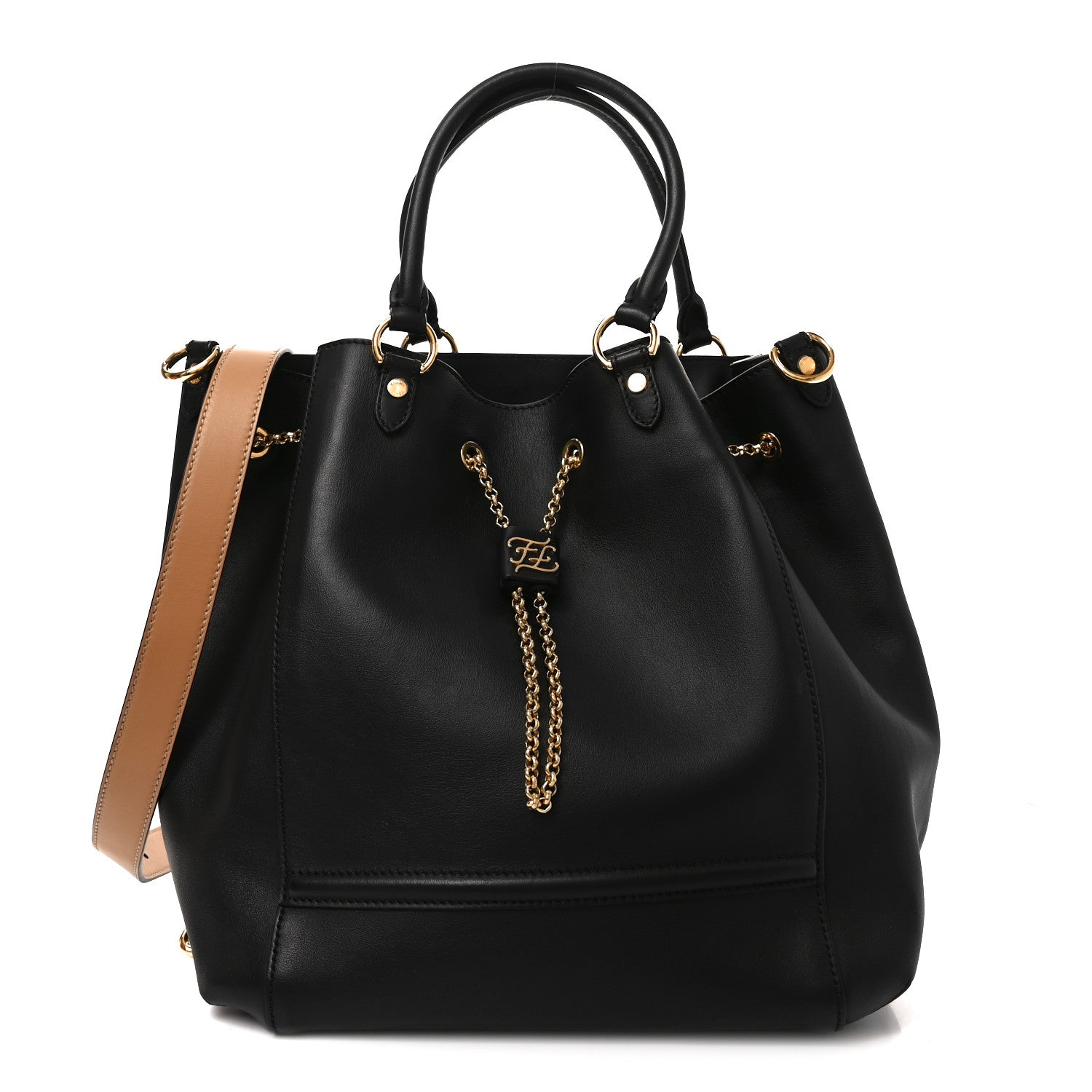 Fendi Vitello Grace King Karligraphy Chain Bucket Bag Black Bisquit 1 of 11