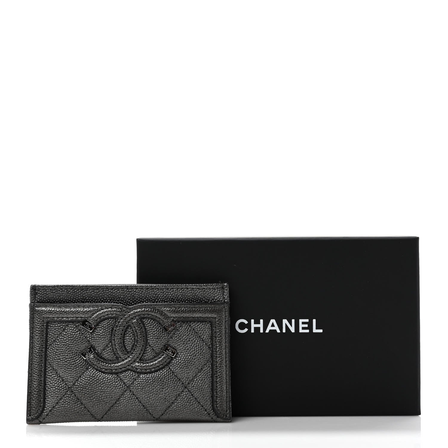 Chanel Metallic Caviar Quilted Filigree Card Holder Dark Silver 9 of 9