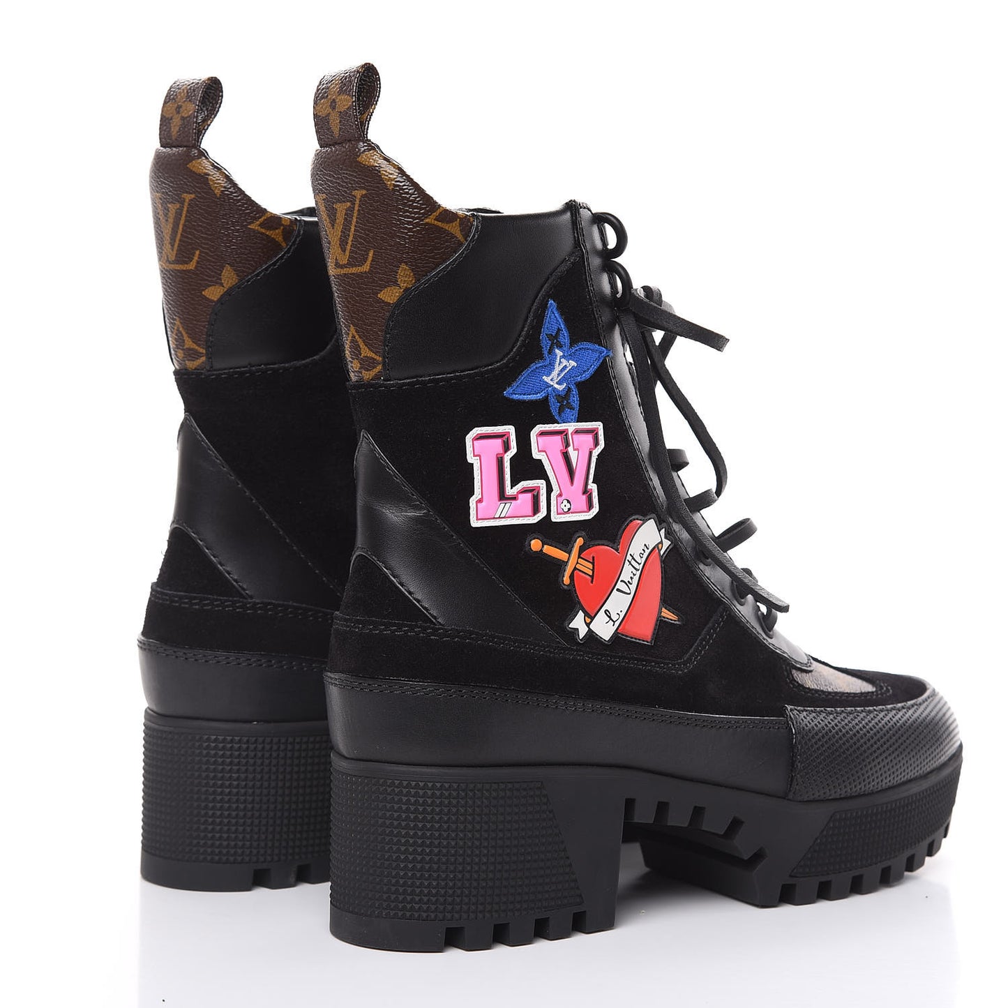 Suede Calfskin Monogram LV Black Heart Laureate Platform Desert Boots 37 Black