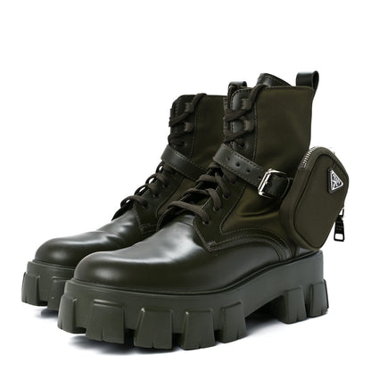 Prada Spazzolato Rois Re-Nylon Metal Triangle Logo Monolith Pouch Pocket 55mm Boots 39.5 Militare 3 of 11