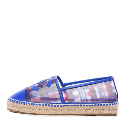 Chanel Mesh Lambskin Plaid Print CC Espadrilles 39 Blue White Red 1 of 9
