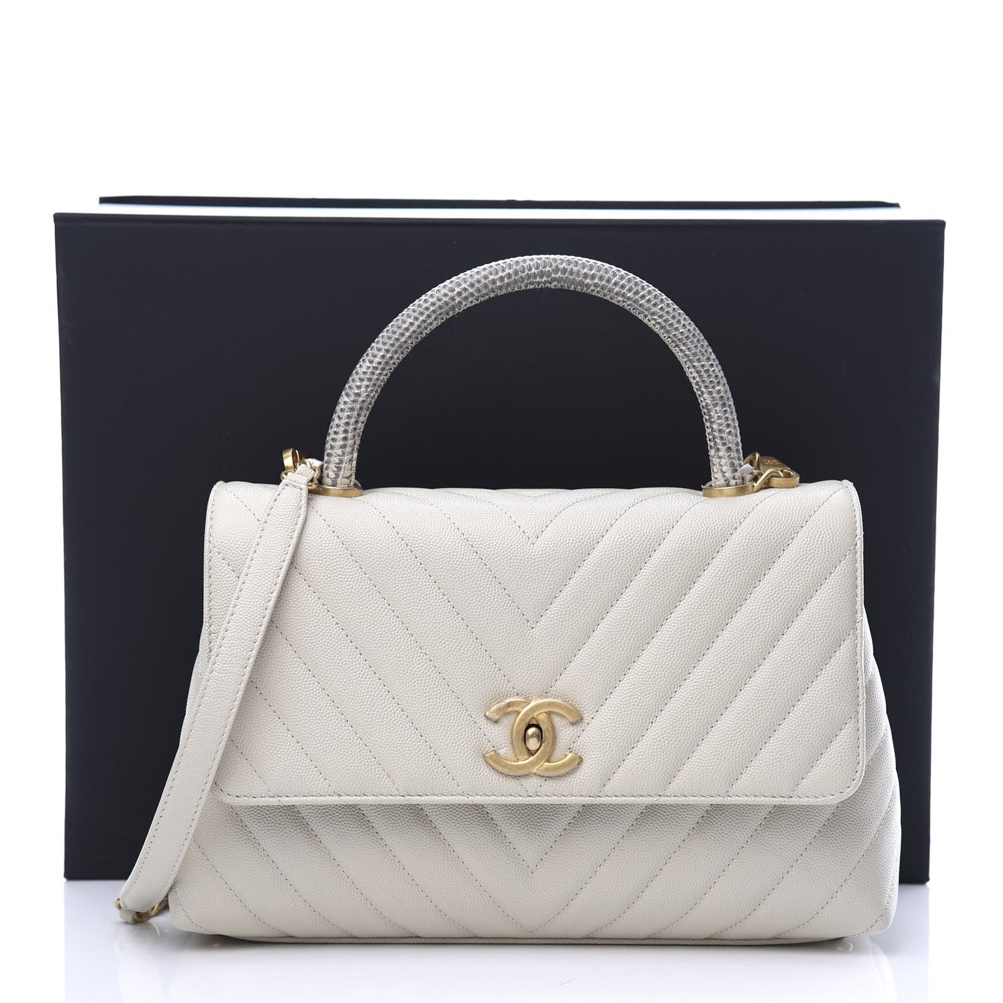 Caviar Lizard Chevron Quilted Small Coco Handle Flap Ivory