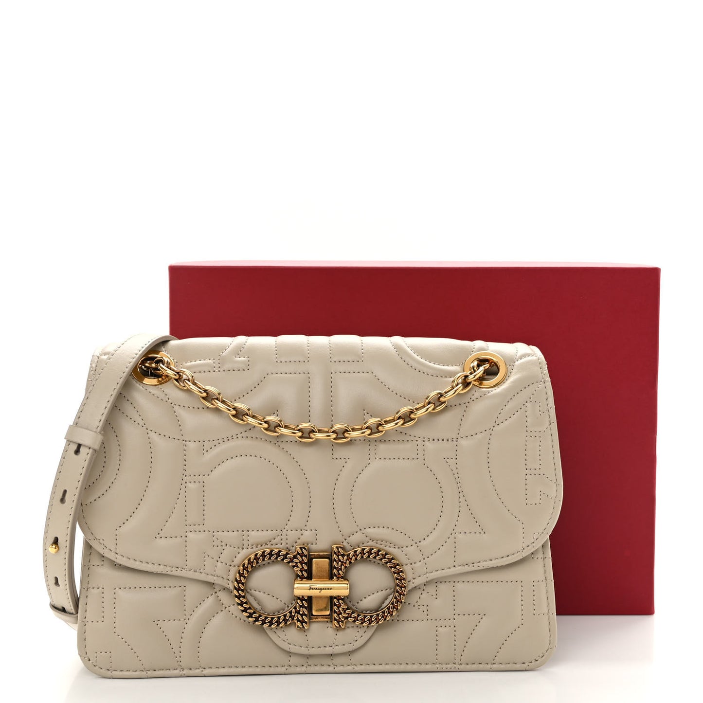Calfskin Quilted Gancini Flap Bag Peony