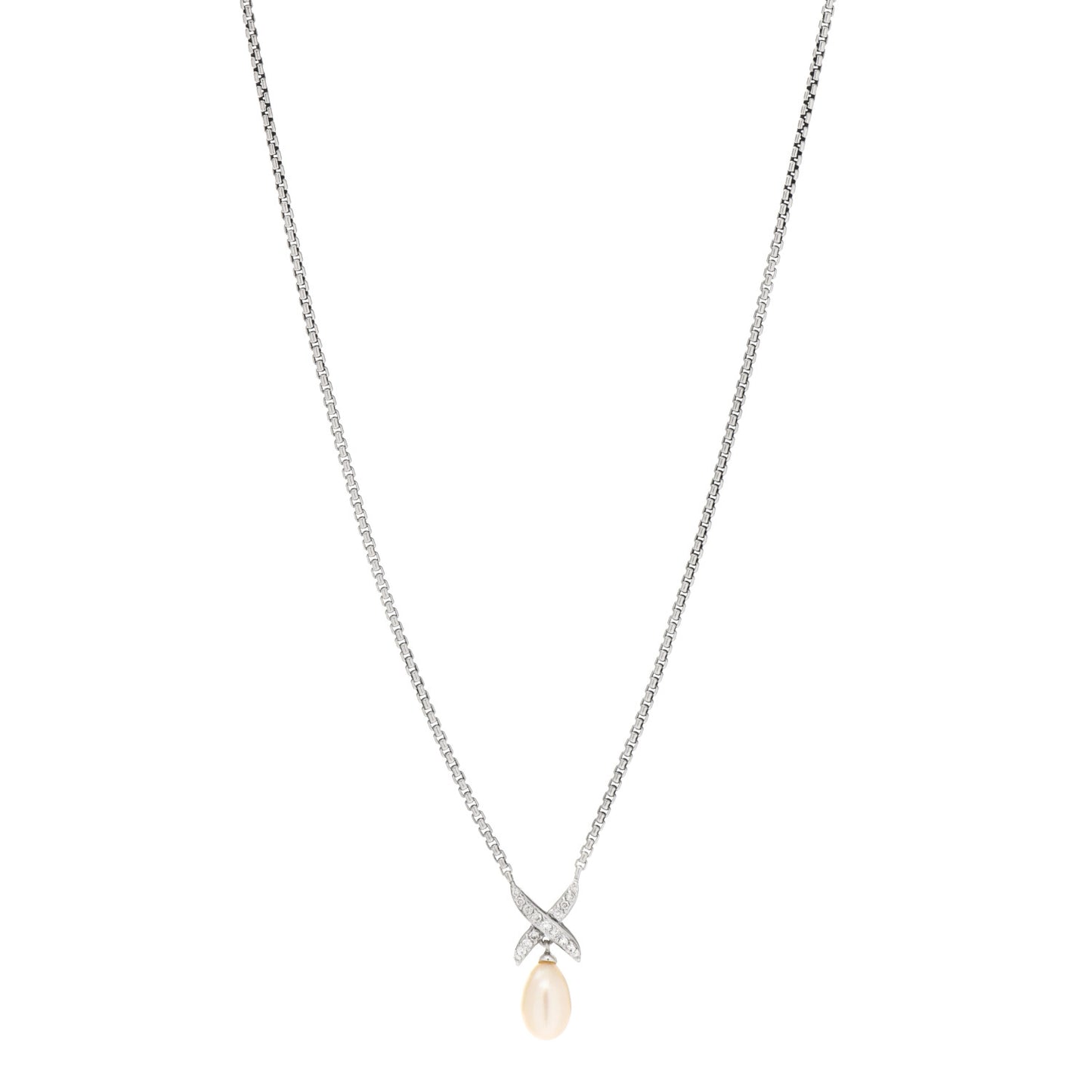 Sterling Silver Cultured Pearl Diamond X Drop Pendant Necklace