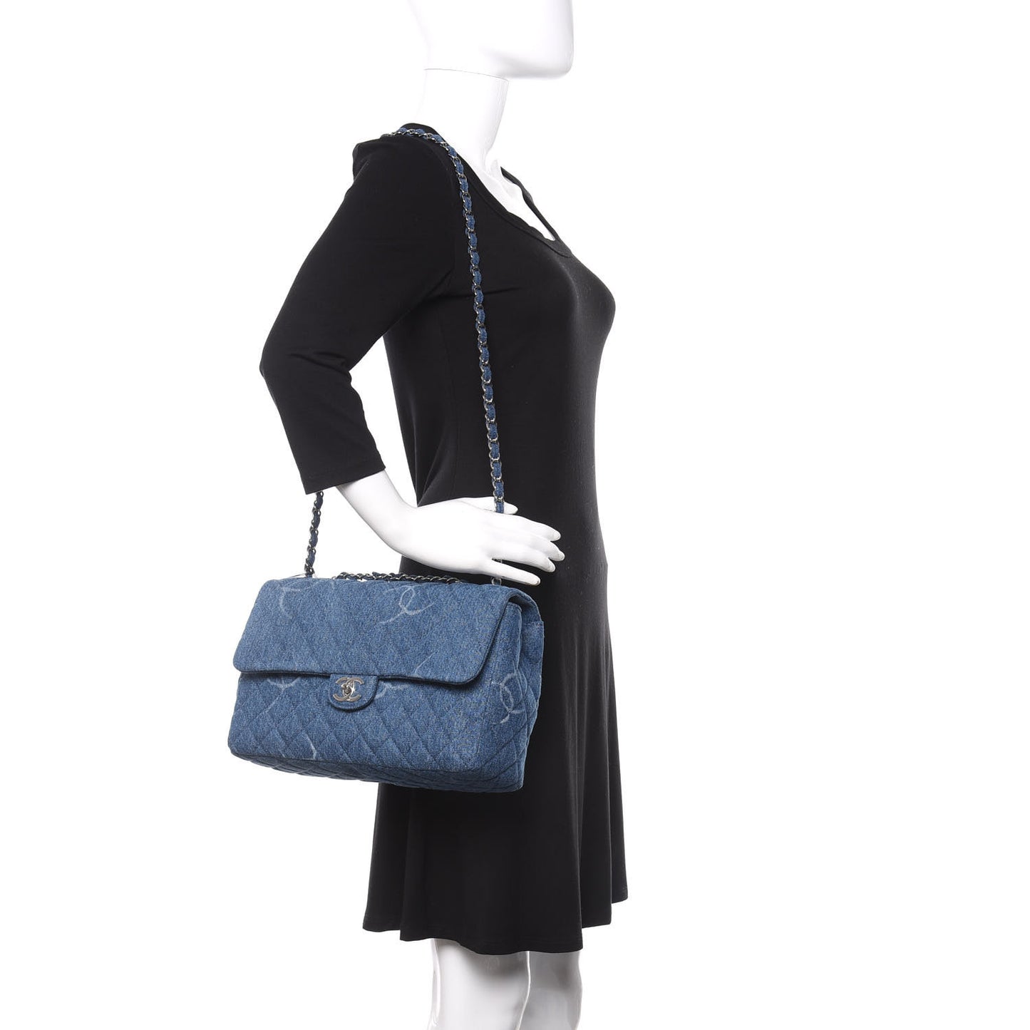 Denim Quilted CC Print Jumbo Single Flap Blue