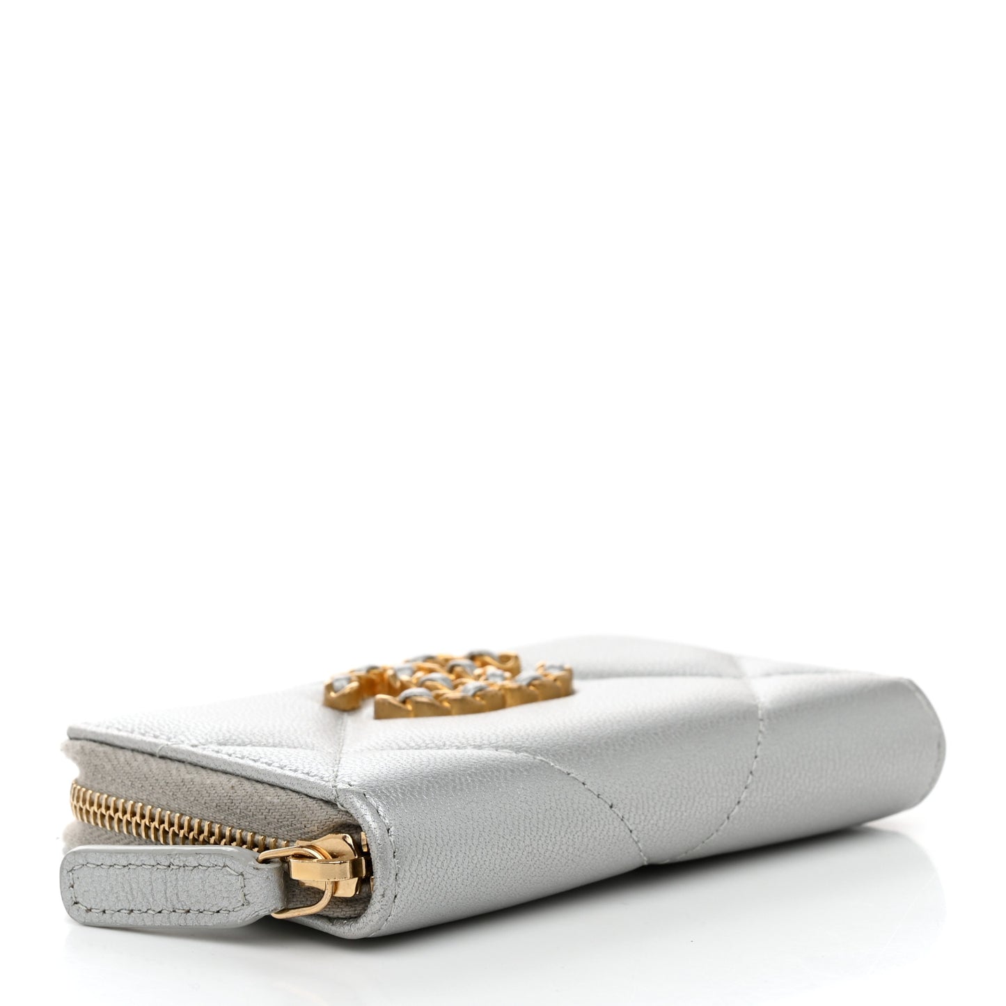 Metallic Lambskin Quilted 19 Zip Around Coin Purse Wallet Silver