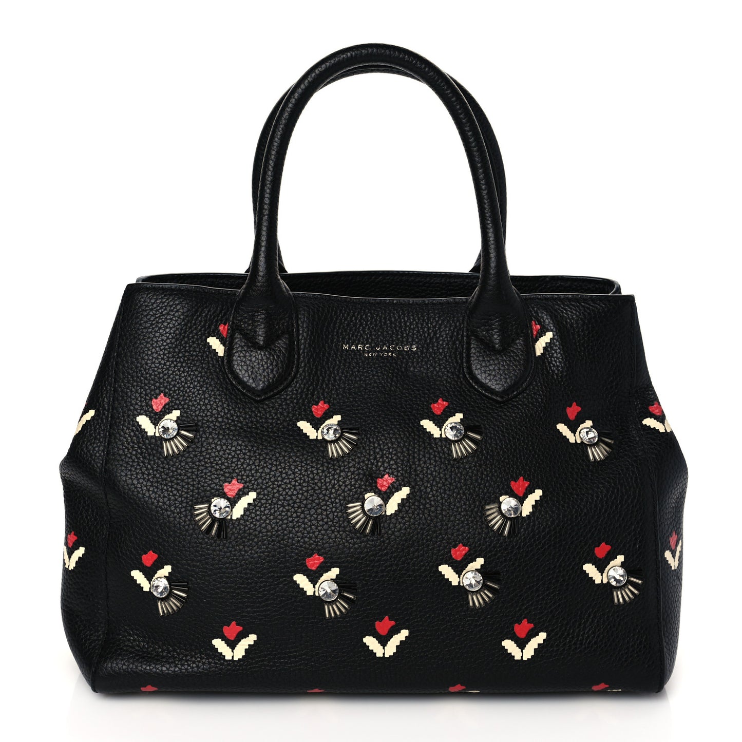 Grained Calfskin Embellished Tulip Print Tote Black Multicolor