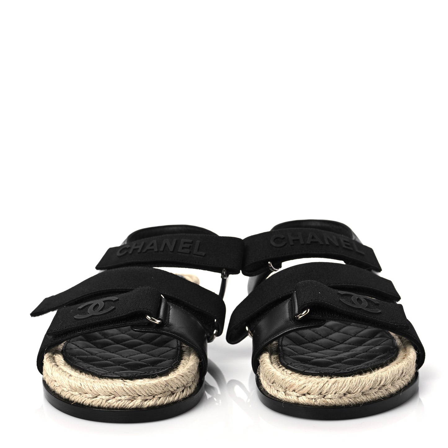 Stretch Fabric Lambskin CC Flat Sandals 37 Black