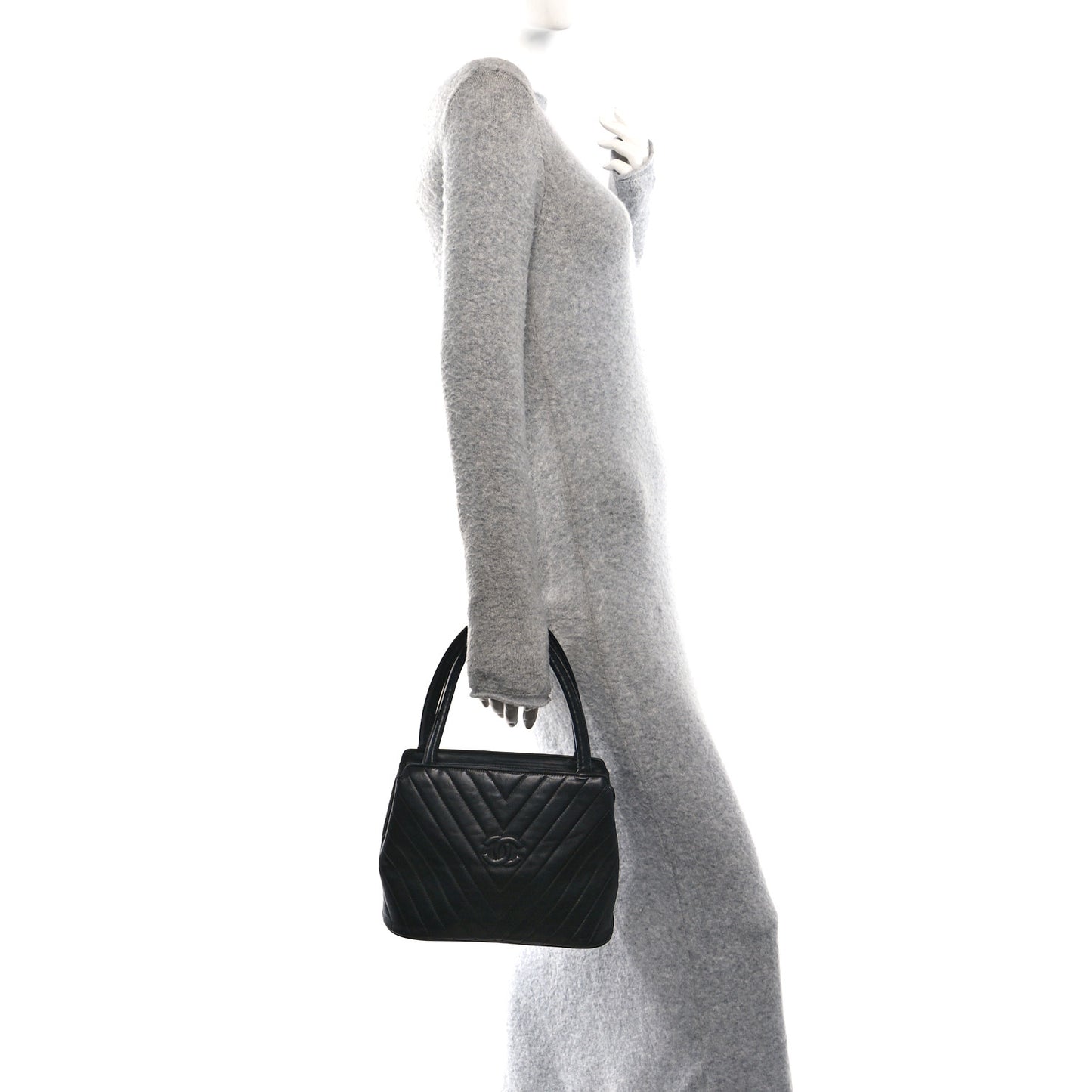 Lambskin Chevron Quilted Top Handle Tote Bag Black