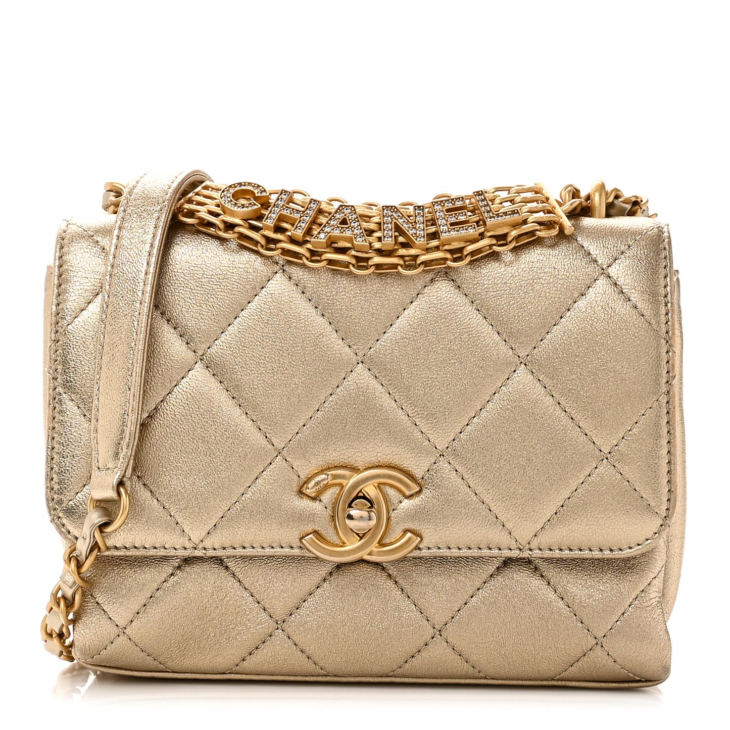 Metallic Lambskin Quilted Mini CC Crystal Logo Chain Flap Gold