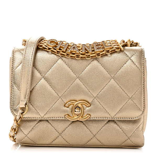 Chanel Metallic Lambskin Quilted Mini CC Crystal Logo Chain Flap