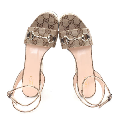 Gucci Monogram Nappa Chalotte Horsebit Ankle Strap 75mm Flatform Sandals 37 Beige Ebony 2 of 10