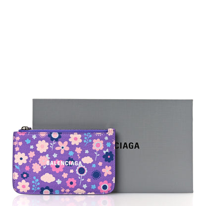 Balenciaga Grained Calfskin Floral Print Logo Large Cash Long Coin Card Holder Purple Multicolor 8 of 8