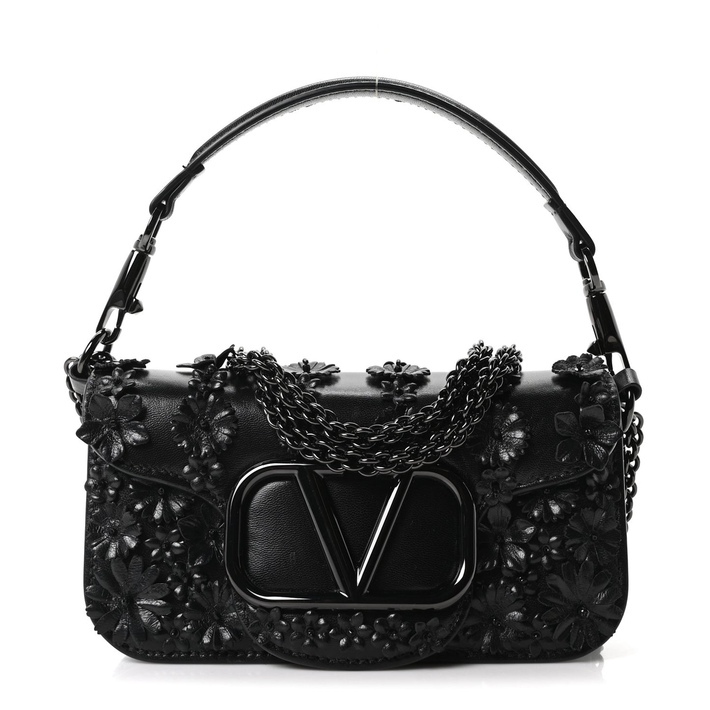 Calfskin Floral Embroidered Monochrome Vlogo Small Loco Shoulder Bag Black