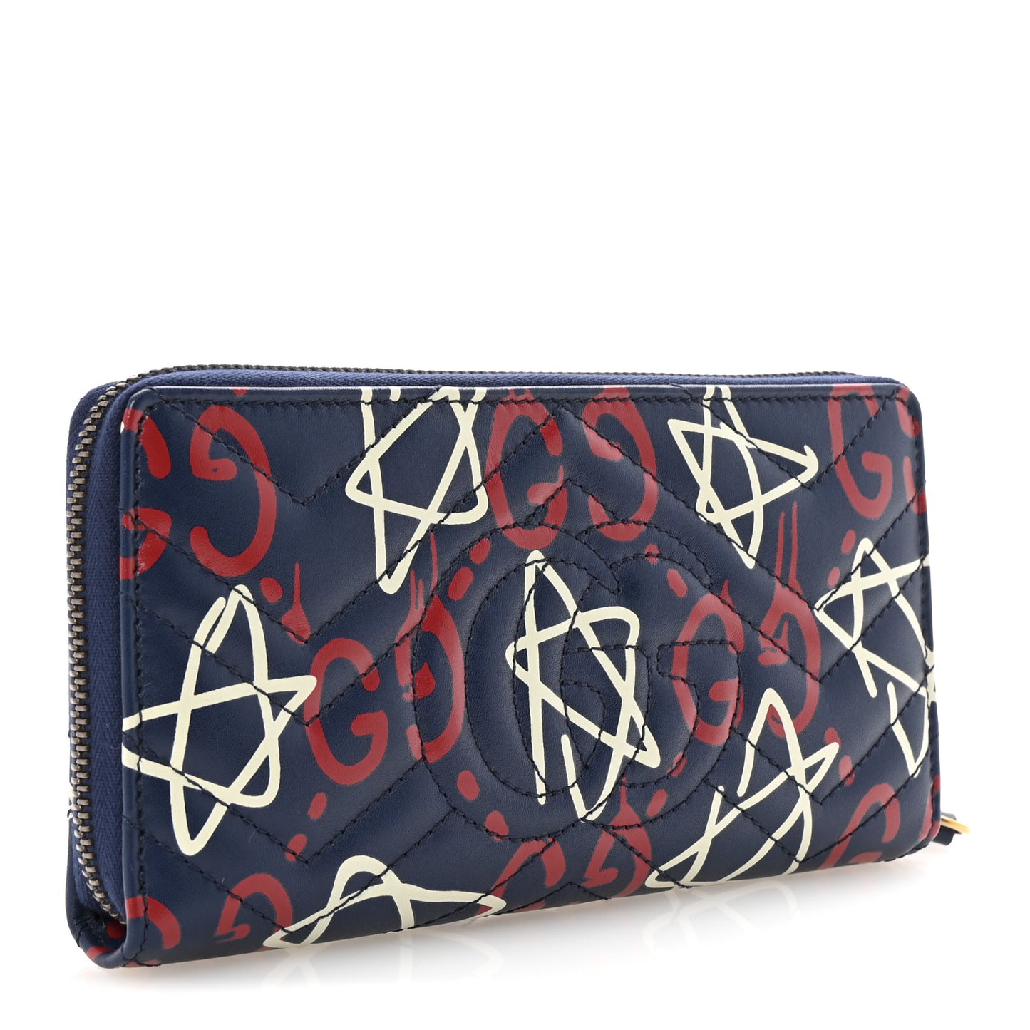 Calfskin Matelasse GucciGhost GG Marmont Zip Around Wallet Blue Agata Hibiscus Red