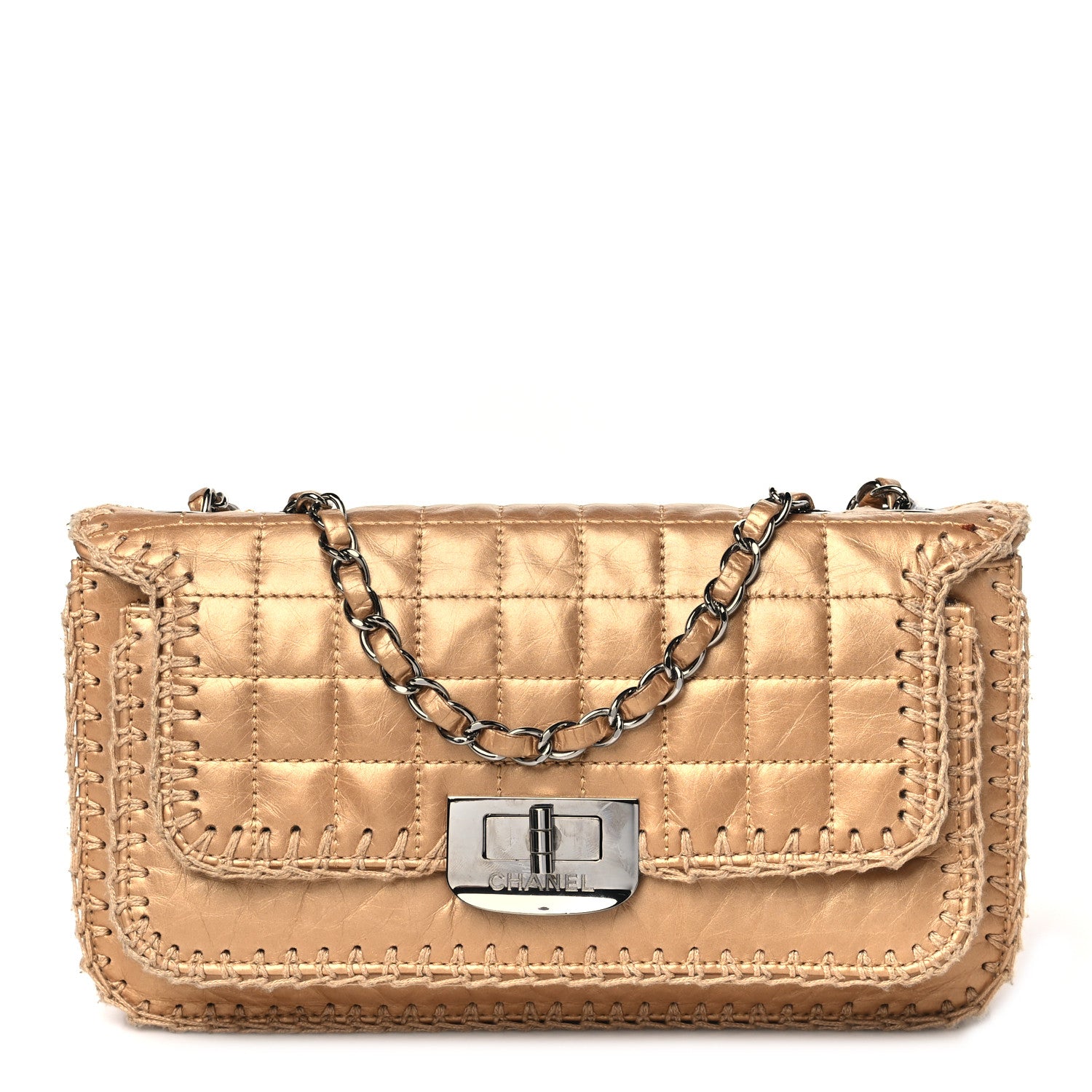 Chanel Metallic Calfskin Chocolate Bar Whipstitch Mademoiselle Flap Beige 1 of 11